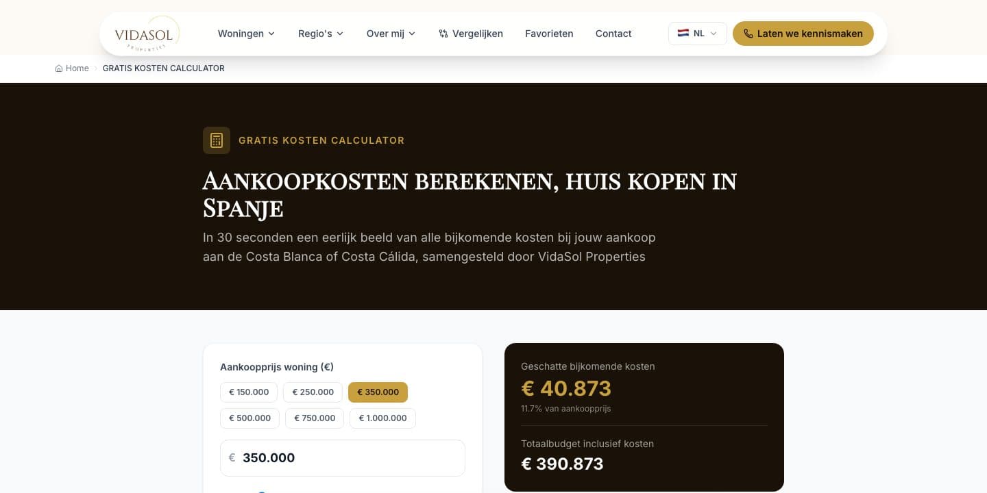 Kostencalculator op vidasolproperties.com
