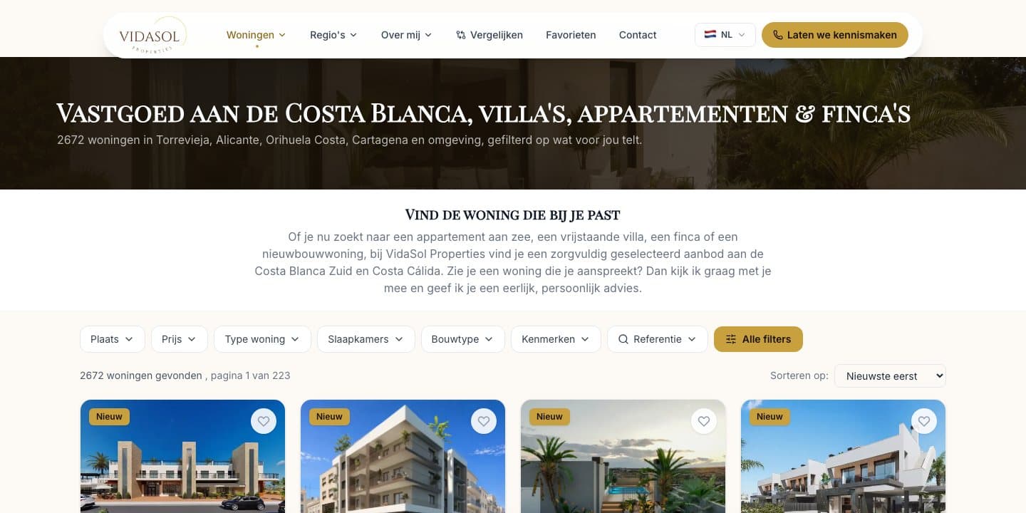 Woningoverzicht met live aanbod op vidasolproperties.com